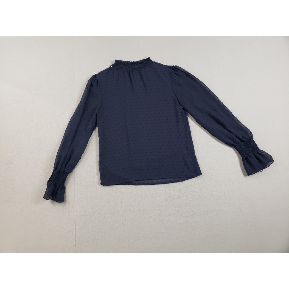 Lulus Women Blouse Top S Navy Blue Dobby Spot Long Sleeve High Neck Elegant Wear